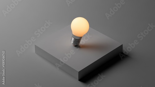 Illuminated light bulb resting on a minimalist gray square pedestal, creating a stark contrast against the neutral background.