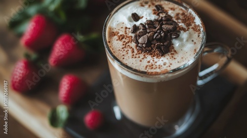 Richly topped coffee drink served in a clear mug, garnished with cocoa and coffee beans, accompanied by fresh strawberries and mint leaves on a wooden table.