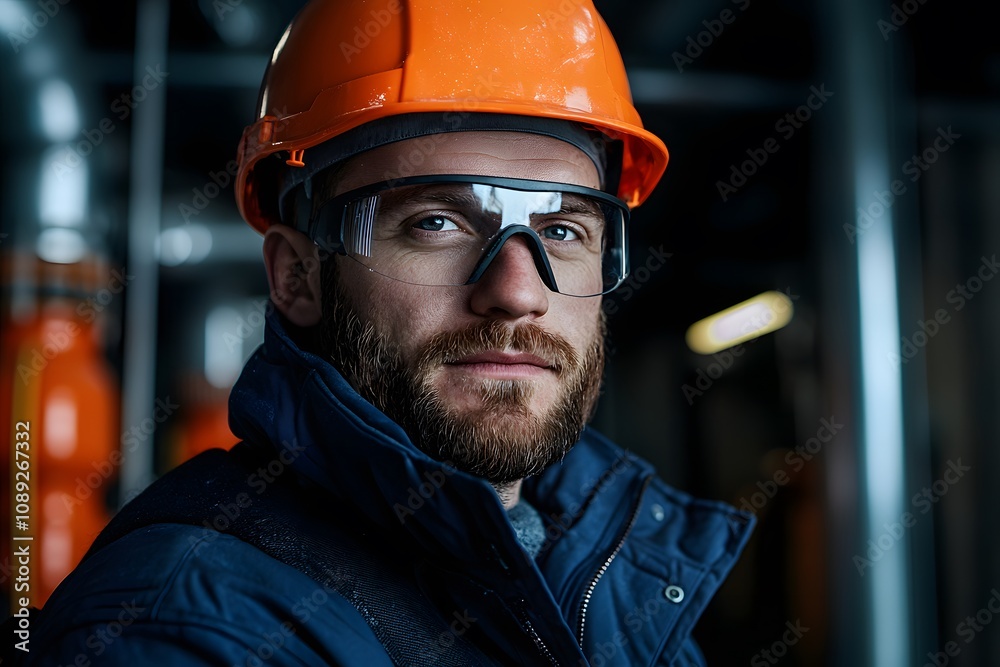 Male Worker in Dark Blue Builder’s Jacket and Hard Hat in Winter Industry – Construction, Cold Weather Work, and Safety Gear Male Worker in Dark Blue Builder’s Jacket and Hard Hat in Winter Industry – Construction, Cold Weather Work, and Safety Gear