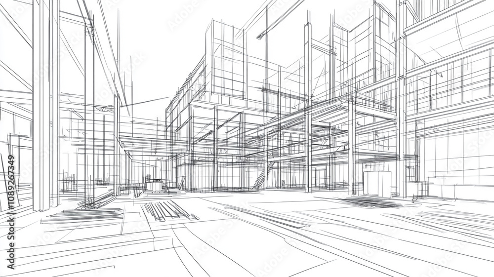 Detailed architectural sketch showcases modern urban design in an open space Detailed architectural sketch showcases modern urban design in an open space