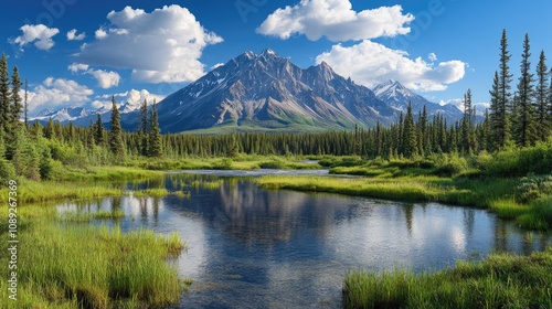 Panoramic vista of majestic mountain peaks surrounded by lush greenery and a tranquil river under a bright blue sky with fluffy clouds.