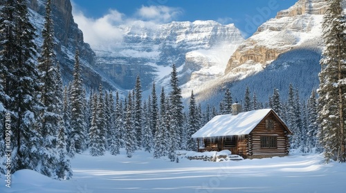 Snow-covered cabin nestled in a winter landscape, framed by towering mountains and dense evergreen trees under a clear blue sky.