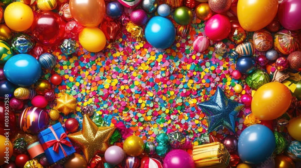 Colorful birthday party flat lay showcasing balloons, gifts, confetti, party hats, stars, candies, and streamers, perfect for festive greeting cards. Colorful birthday party flat lay showcasing balloons, gifts, confetti, party hats, stars, candies, and streamers, perfect for festive greeting cards.