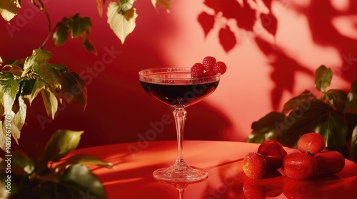 Elegant cocktail in coupe glass garnished with raspberries, surrounded by vibrant foliage and a contrasting red background, creating a stylish drink setting.