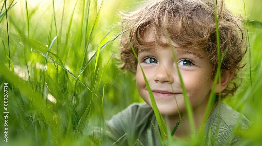 Joyful boy with curly hair peeks through tall green grass, radiating happiness as he enjoys the beauty of nature in a sunlit meadow. Joyful boy with curly hair peeks through tall green grass, radiating happiness as he enjoys the beauty of nature in a sunlit meadow.