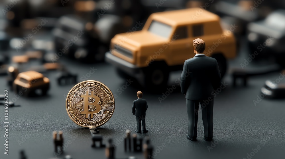 Obraz premium A miniature scene with businessmen figures and a large Bitcoin coin, symbolizing cryptocurrency's impact on the financial and automotive industries.