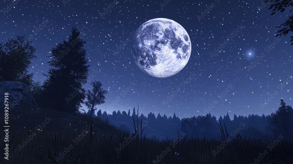 Radiant full moon illuminating a starry night sky over a serene landscape with silhouettes of trees and a tranquil atmosphere. Radiant full moon illuminating a starry night sky over a serene landscape with silhouettes of trees and a tranquil atmosphere.
