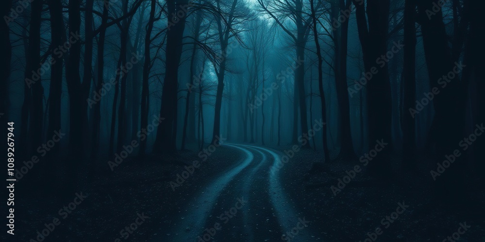 Naklejka premium Dark forest surround a mysterious crossroads, abandoned road, mysterious energy