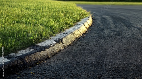 Close-up view of a weathered curb at a motorsport track, showing a dirty edge alongside smooth black asphalt and lush green grass.