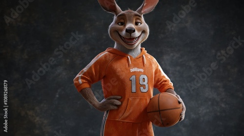 A cartoon kangaroo in sportswear holding a basketball, exuding a cheerful demeanor. photo