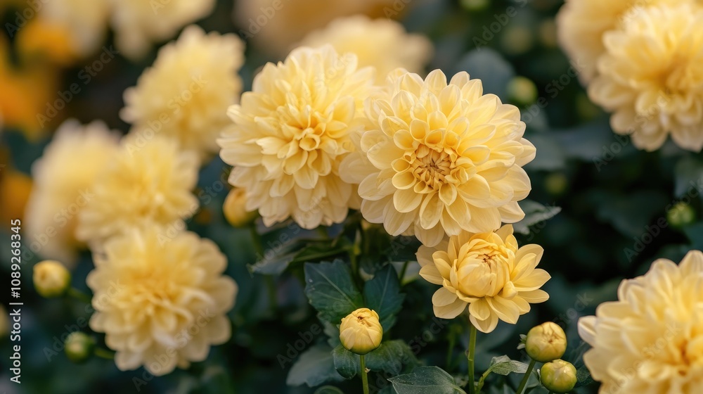 Close-up view of soft yellow flowers showcasing intricate petals and vibrant blooms amidst lush green foliage. Close-up view of soft yellow flowers showcasing intricate petals and vibrant blooms amidst lush green foliage.