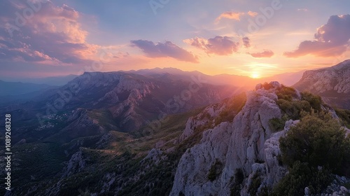 Majestic mountain range illuminated by a vibrant sunset sky, showcasing dramatic clouds and a warm glow over rugged peaks and valleys.