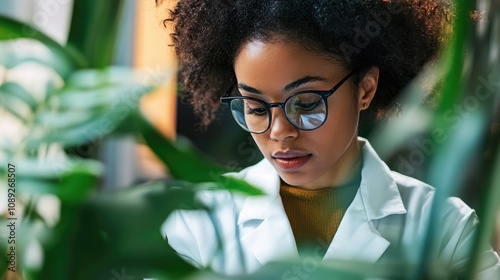 Scientist in lab coat examining plant specimen surrounded by lush foliage, demonstrating focus and dedication in a botanical research setting.
