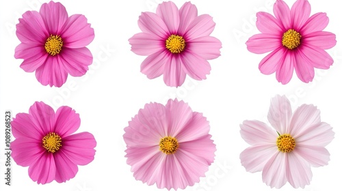 Collection of six vibrant pink Cosmos bipinnatus flowers viewed from different angles, showcasing their delicate petals and yellow centers on a white background.