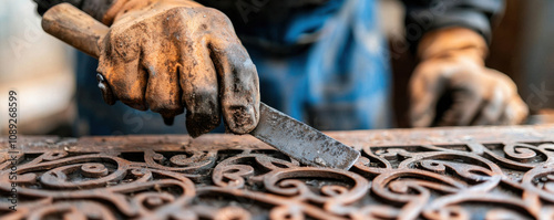 Skill and chisel concept. metalworker using chisel to craft decorative ironwork with skill photo