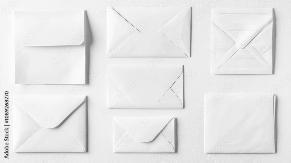 Assorted Sealed Empty White Envelopes with Blank Inserts on a Clean White Background Displaying Various Shapes and Sizes Assorted Sealed Empty White Envelopes with Blank Inserts on a Clean White Background Displaying Various Shapes and Sizes