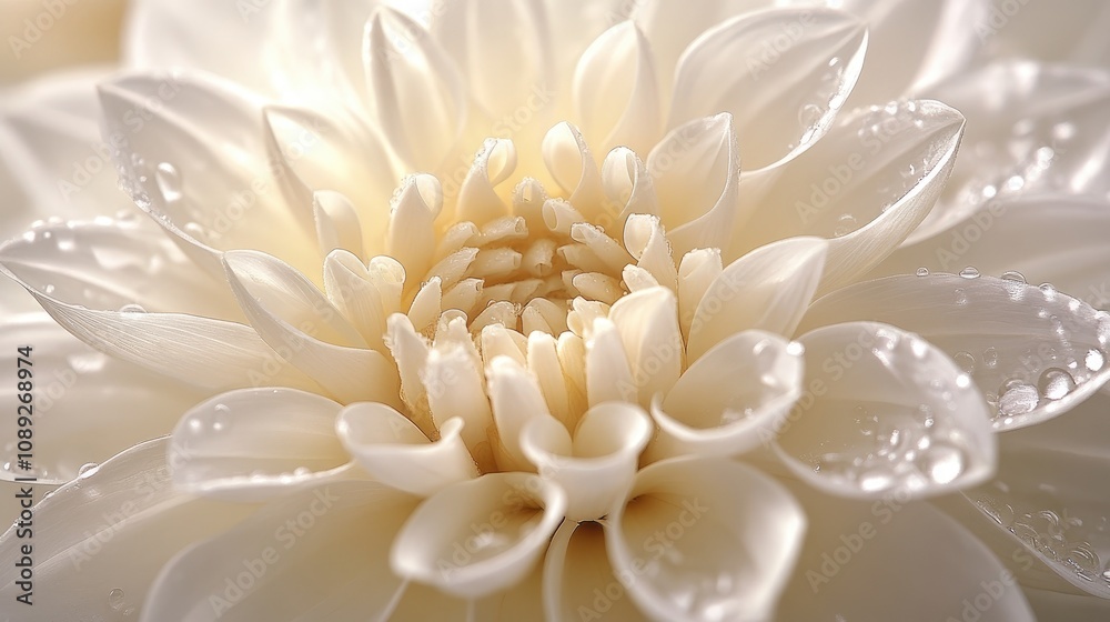 Close-up of a delicate white flower with intricate petals and glistening water droplets, showcasing its elegance against a soft, neutral background.