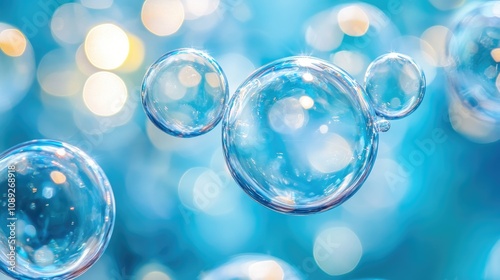 Close-up of translucent blue bubbles surrounded by vibrant bokeh light effects creating a dreamy, magical atmosphere.