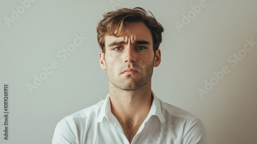 Man with a strong emotional expression and furrowed brows, wearing a crisp white shirt, against a neutral background.