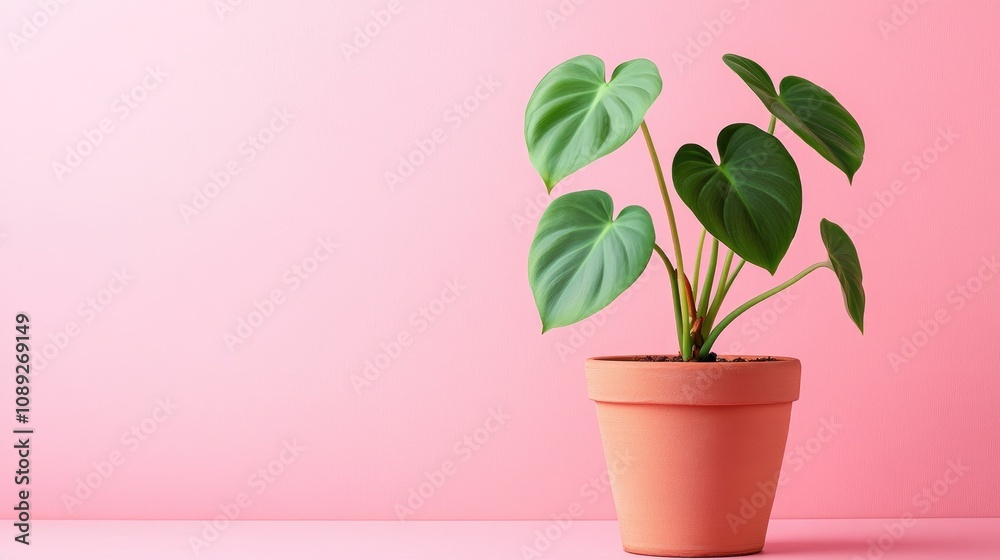Heart leaf philodendron in terracotta pot with glossy green leaves set against a soft pink background, perfect for stylish indoor plant decor. Heart leaf philodendron in terracotta pot with glossy green leaves set against a soft pink background, perfect for stylish indoor plant decor.