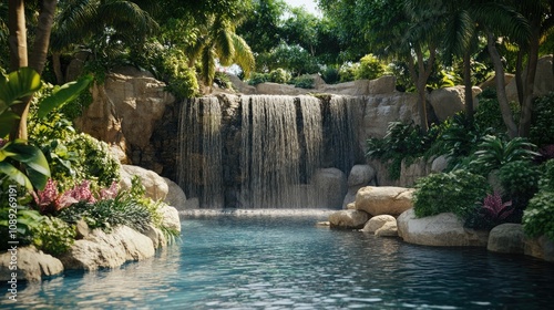 Fototapeta Naklejka Na Ścianę i Meble -  A serene waterfall cascading over rocks surrounded by lush foliage and vibrant plants, creating a peaceful natural oasis.
