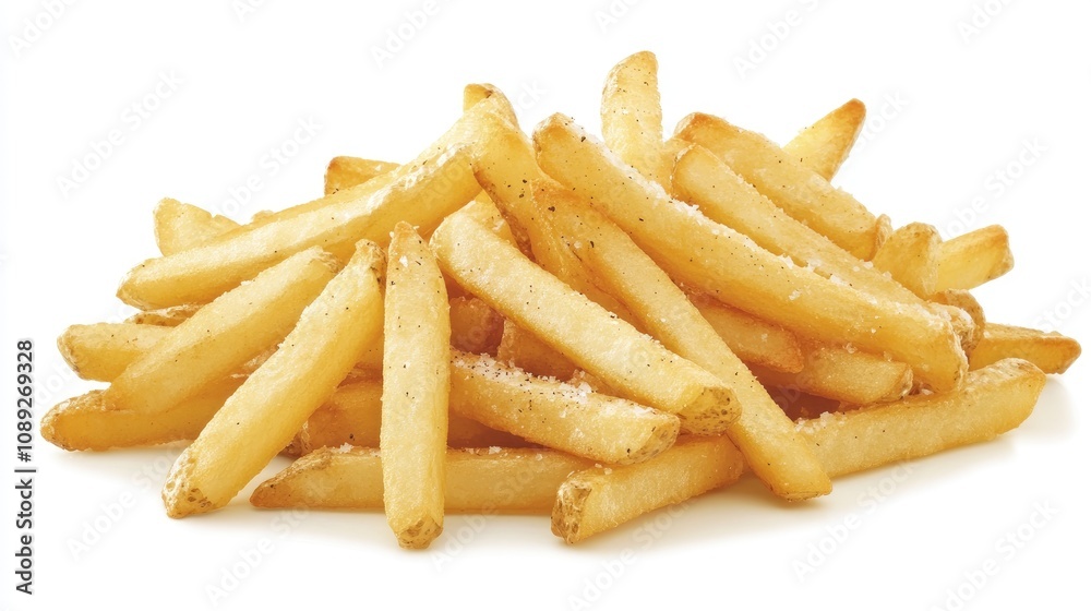 Crispy golden French fries piled high, lightly seasoned with salt and pepper for an enticing savory crunch. Crispy golden French fries piled high, lightly seasoned with salt and pepper for an enticing savory crunch.