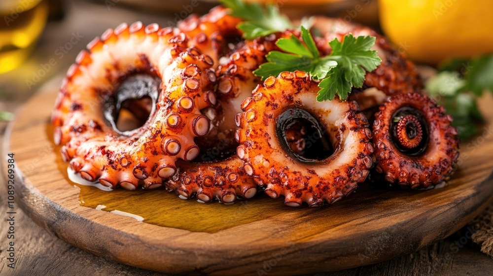 Galician-style octopus on a wooden plate, garnished with fresh parsley, drizzled with olive oil and seasoned with paprika for a vibrant presentation. Galician-style octopus on a wooden plate, garnished with fresh parsley, drizzled with olive oil and seasoned with paprika for a vibrant presentation.