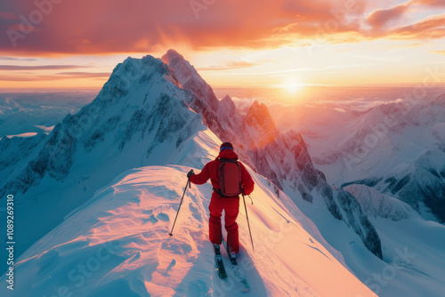 Skier traverse stunning snow covered peaks and ridges of high mountain range under clear blue skies, skier back view, thrill of adventure and allure of untouched wilderness