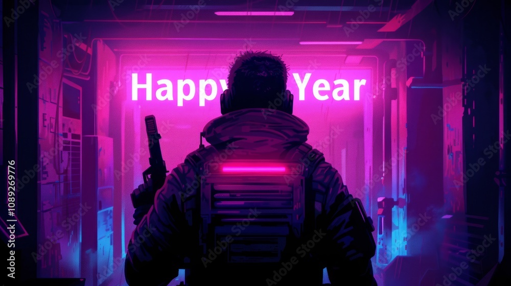 Obraz premium Futuristic figure with gun under neon 