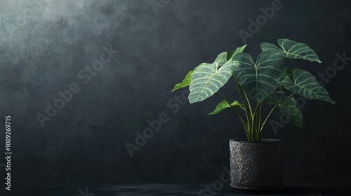 Alocasia Baginda Cuprea Dragon Scale Houseplant in a Decorative Pot on Dark Background with Subtle Lighting and Lush Green Leaves