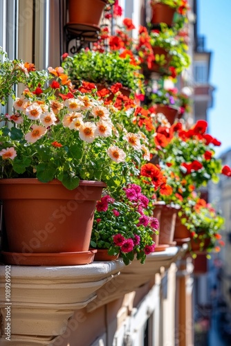 Flower pots with blooming geraniums on a bright balcony in the city photo