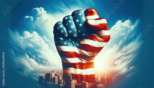 Concept art of a raised fist with an American flag against a cityscape and sky background representing unity and empowerment