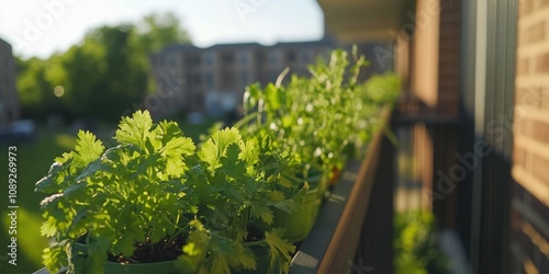 Fresh cilantro growing in green pots on a balcony with a garden view photo