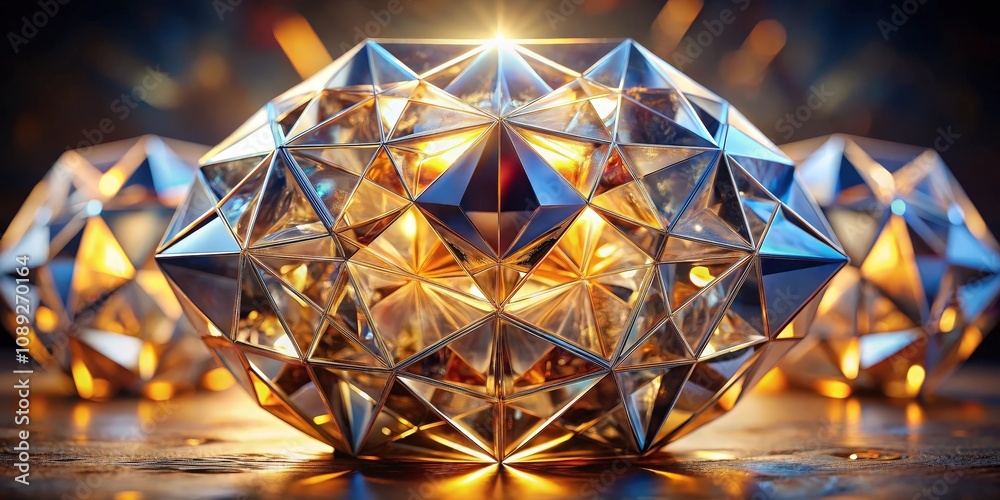 A gleaming, geometric glass sphere with a golden glow emanating from its center, casting a warm light across the dark background. A gleaming, geometric glass sphere with a golden glow emanating from its center, casting a warm light across the dark background.