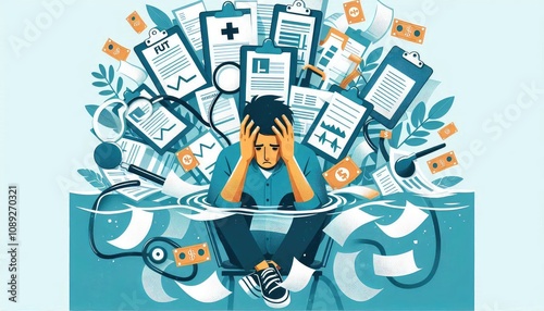 Illustration of overwhelmed person drowning in a sea of medical bills and documents, reflecting financial stress and healthcare burden