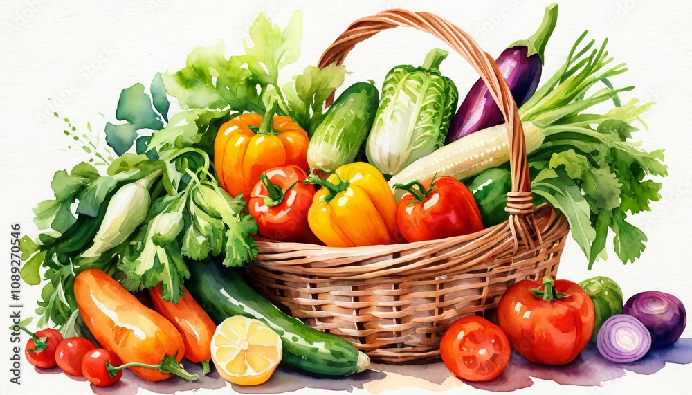 Vibrant basket of fresh vegetables in watercolor painting style Vibrant basket of fresh vegetables in watercolor painting style