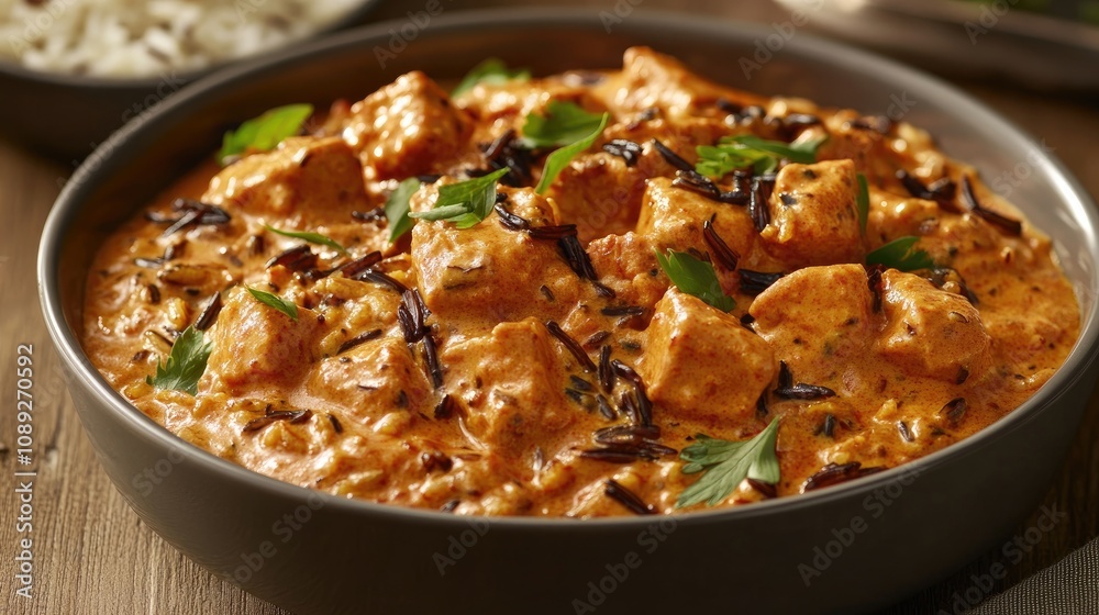 Creamy Chicken Tikka Masala Garnished with Fresh Herbs and Served with Nutty Wild Rice in a Rustic Bowl Creamy Chicken Tikka Masala Garnished with Fresh Herbs and Served with Nutty Wild Rice in a Rustic Bowl