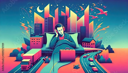 Illustration depicting noise pollution and its impact on sleep as a person struggles amid urban chaos, featuring cityscape, highways, and loud surroundings.