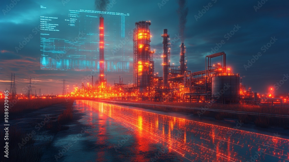 A solar thermal power plant with holographic technology at sunset, illuminating the landscape A solar thermal power plant with holographic technology at sunset, illuminating the landscape