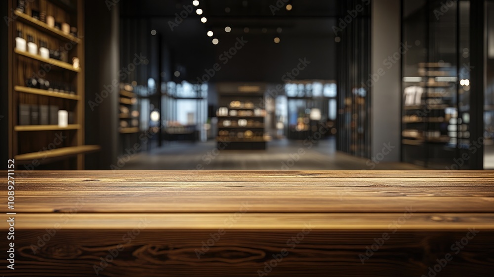 Wooden table positioned for product display with a blurred lively commercial space in the background, creating an engaging retail atmosphere. Wooden table positioned for product display with a blurred lively commercial space in the background, creating an engaging retail atmosphere.