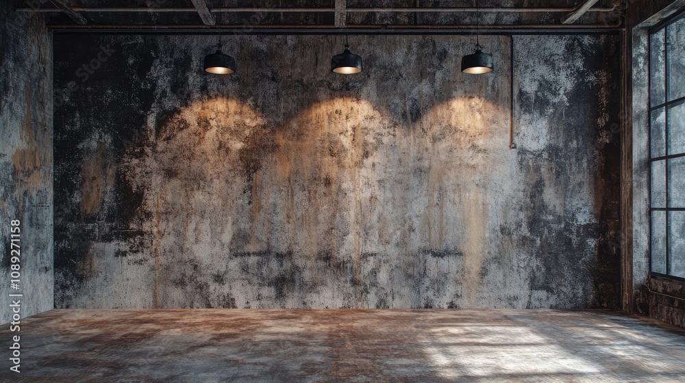 Grunge interior setting with textured, weathered walls illuminated by three modern pendant lights casting warm highlights. Perfect for artistic backdrops.