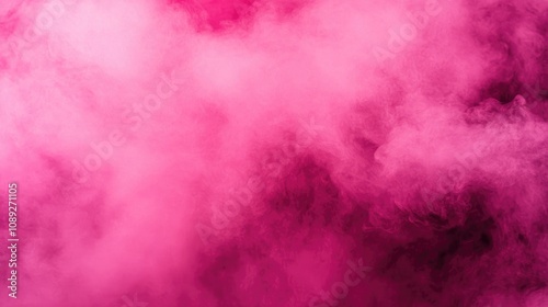 Vibrant pink smoke clouds create a textured background resembling cosmic fog with dramatic mist effects against a colorful sky.