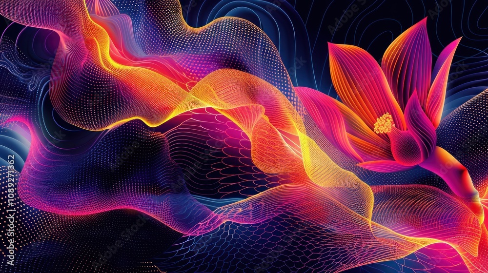 Fototapeta premium Abstract vibrant flower with glowing wavy lines.