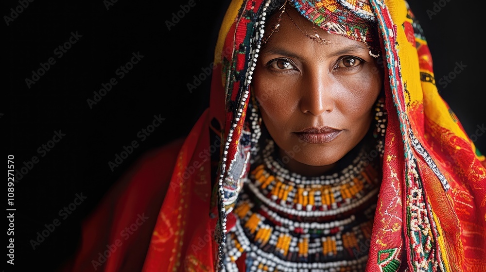 Portrait of a woman in vibrant traditional attire, showcasing intricate beadwork and colorful headscarf against a dark background. Portrait of a woman in vibrant traditional attire, showcasing intricate beadwork and colorful headscarf against a dark background.