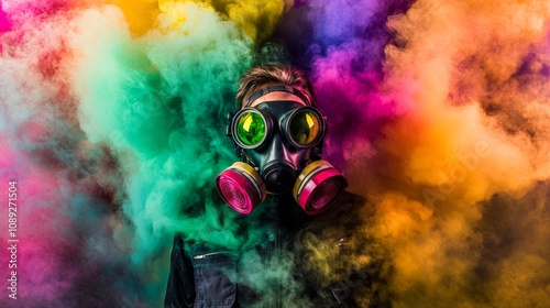 Vibrant Smoke and Steely Gas Mask. photo