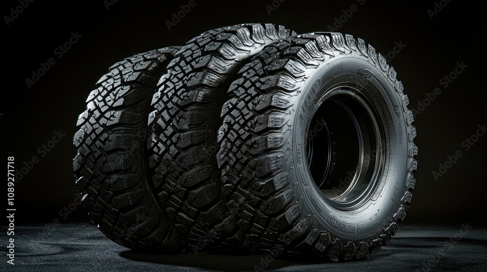Three rugged tires positioned for display against a dark background. Three rugged tires positioned for display against a dark background.