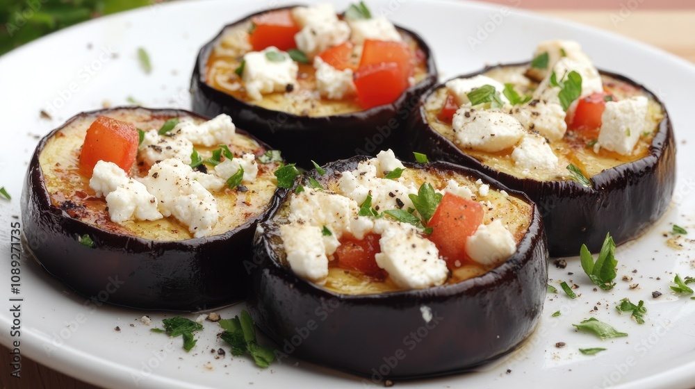 Grilled eggplant slices topped with crumbled feta cheese, fresh tomatoes, and herbs served on a white plate for a delicious appetizer. Grilled eggplant slices topped with crumbled feta cheese, fresh tomatoes, and herbs served on a white plate for a delicious appetizer.