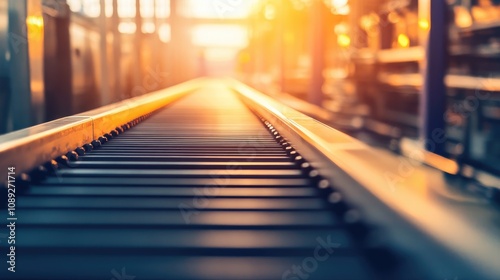 Conveyor belt in an industrial factory with warm sunlight highlighting the efficient movement of materials in a productive environment.