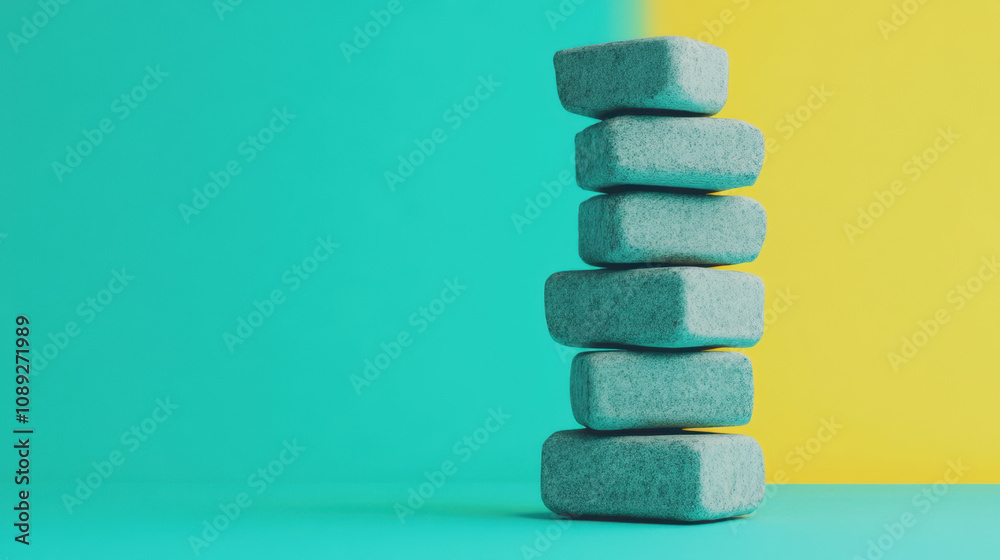 A stack of turquoise blocks stands against a split background of teal and yellow, creating a vibrant, minimalist composition. A stack of turquoise blocks stands against a split background of teal and yellow, creating a vibrant, minimalist composition.