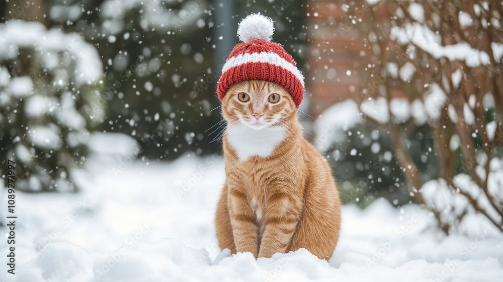 Ginger cat in a red knitted hat sitting in the snow, surrounded by falling snowflakes, creating a warm and cozy winter atmosphere. Ginger cat in a red knitted hat sitting in the snow, surrounded by falling snowflakes, creating a warm and cozy winter atmosphere.